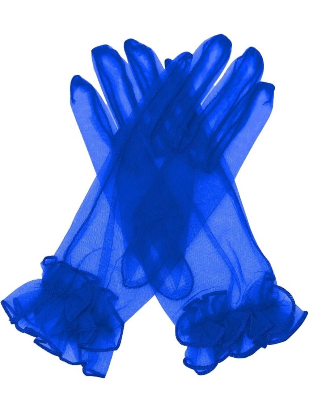 Women's Royal Blue Ruffled Short Sheer Wrist Length Halloween Tulle Mesh Gloves